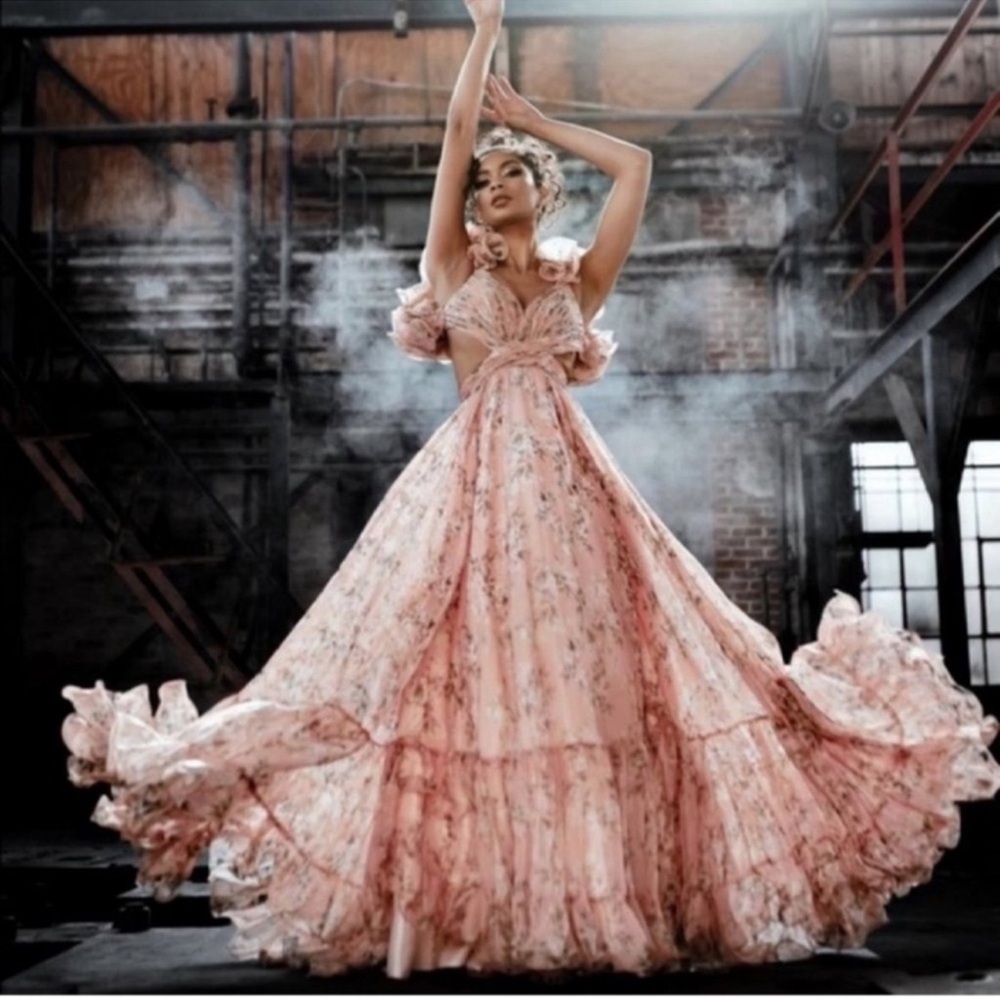 Mac Duggal Pink Floral Fairy Ruffle Chiffon Lace Up Maxi Dress Gown